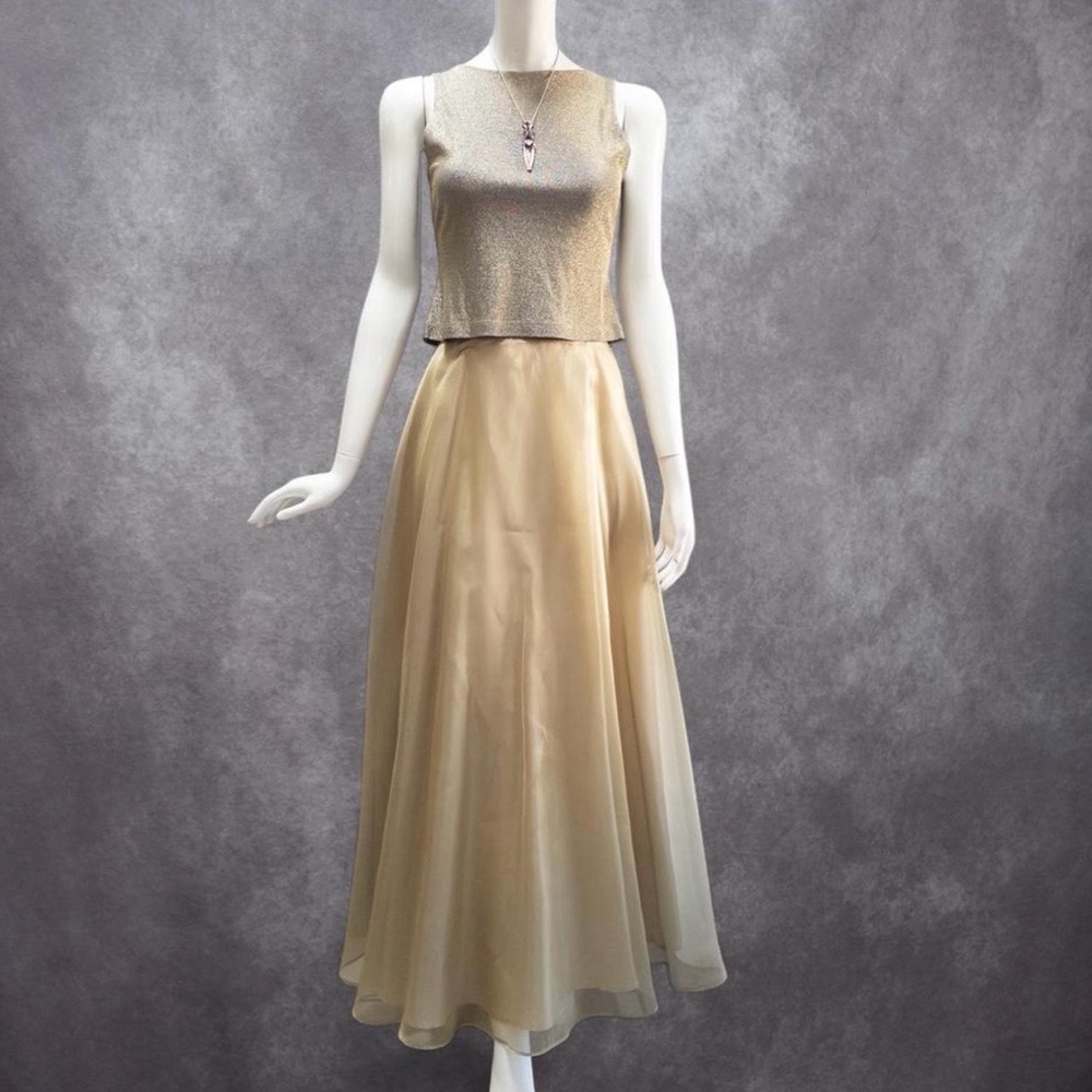 Vintage Cachet y2k gold two piece prom dress, organza skirt‎ and lurex top
